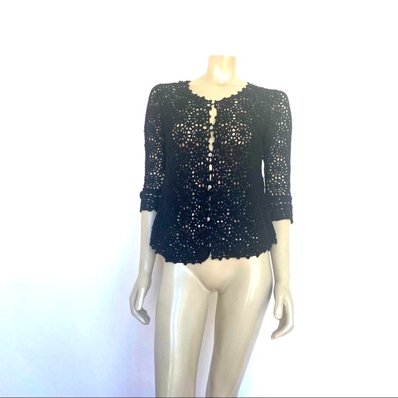 Tops - BLACK COTTON CROCHET CARDIGAN